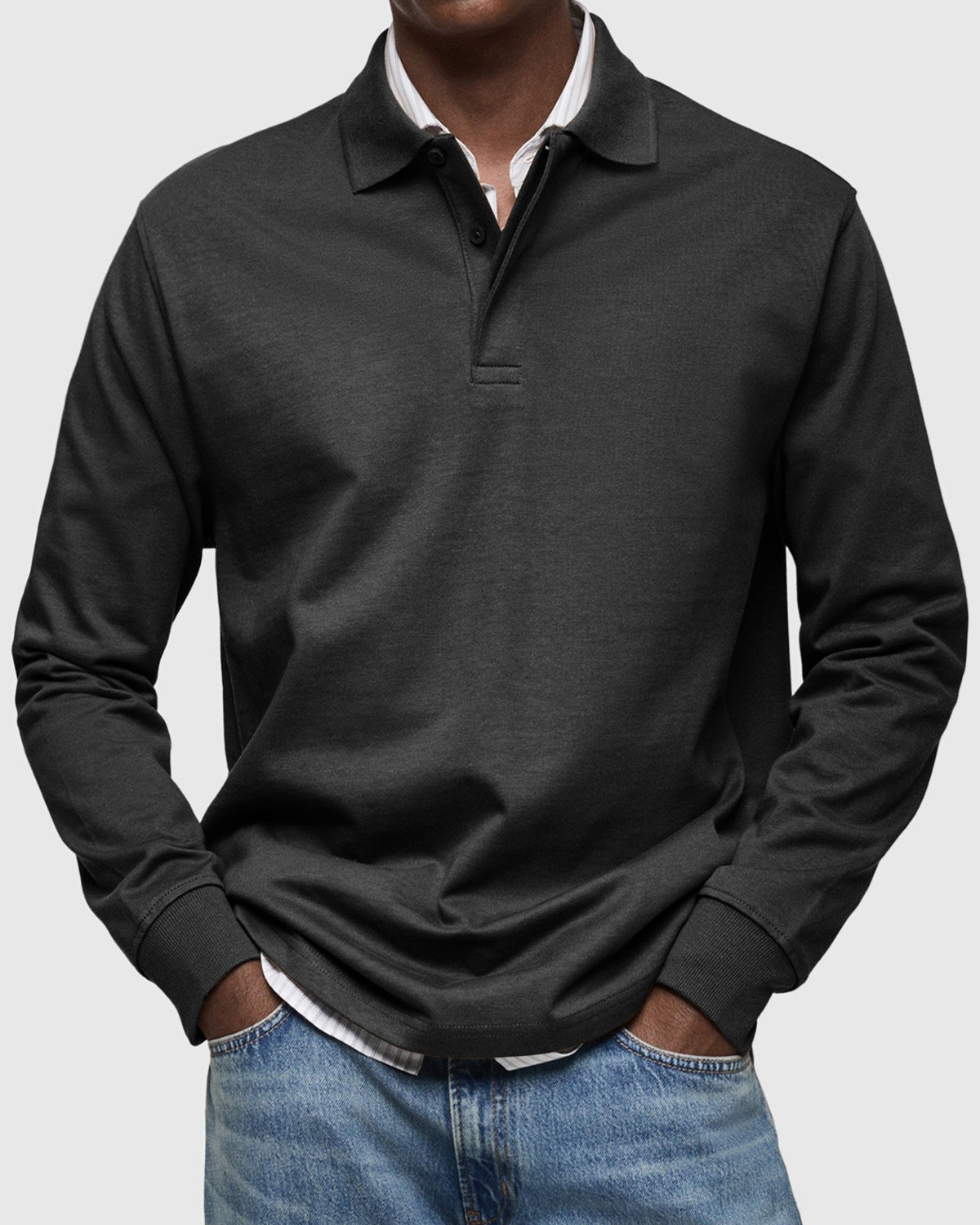 Men's Long Sleeve Polo Shirt with Ribbed Cuffs Detail