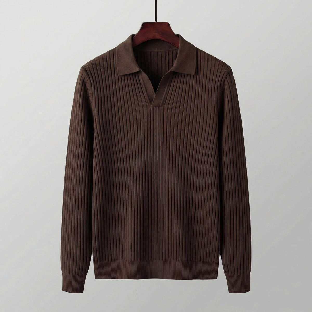 Men's Long Sleeved V-Neck Polo Shirt with Open Collar Angle