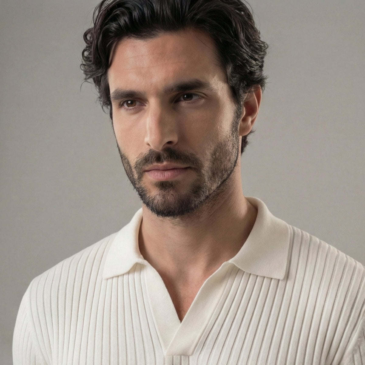 Men's Long Sleeved V-Neck Polo Shirt with Open Collar Back