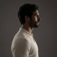 Men's Long Sleeved V-Neck Polo Shirt with Open Collar Close Up