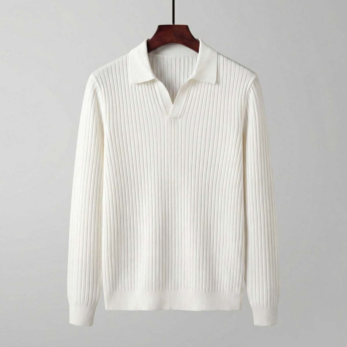 Men's Long Sleeved V-Neck Polo Shirt with Open Collar Front