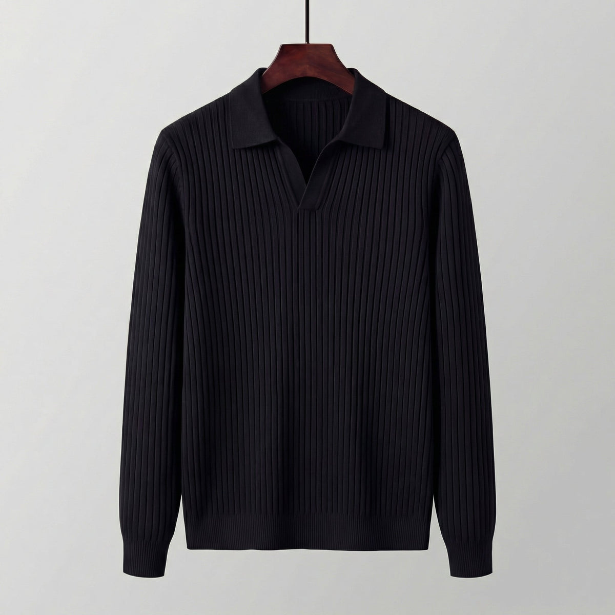 Men's Long Sleeved V-Neck Polo Shirt with Open Collar Full