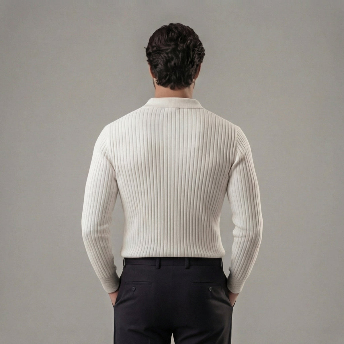 Men's Long Sleeved V-Neck Polo Shirt with Open Collar Lifestyle
