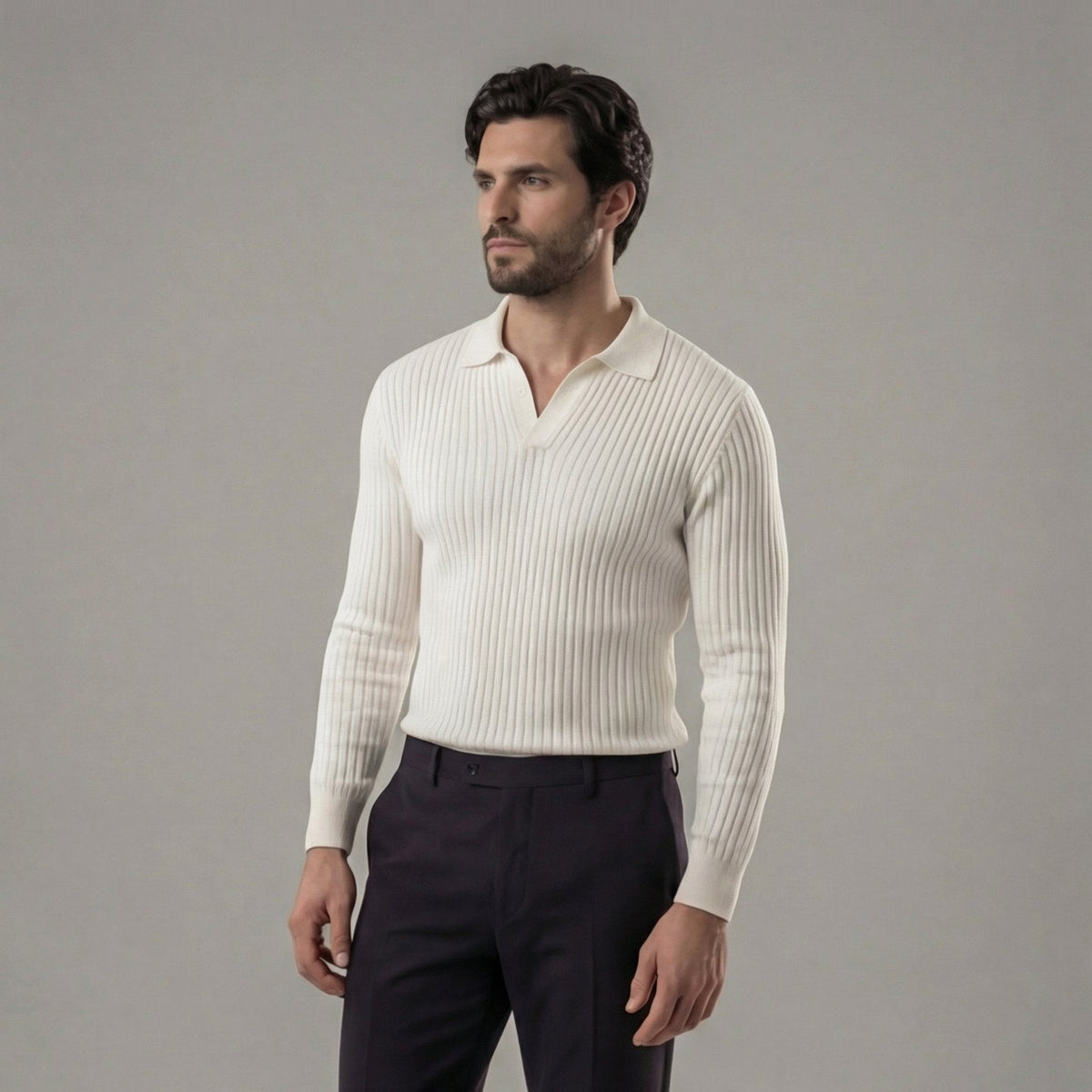 Men's Long Sleeved V-Neck Polo Shirt with Open Collar Side