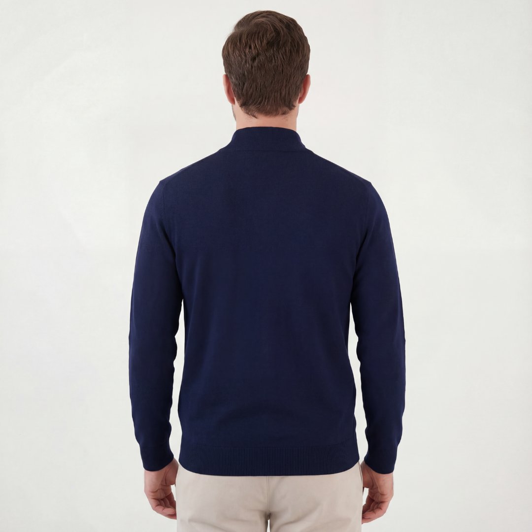 Men's Navy Half-Zip Sweater with Funnel Neck Detail
