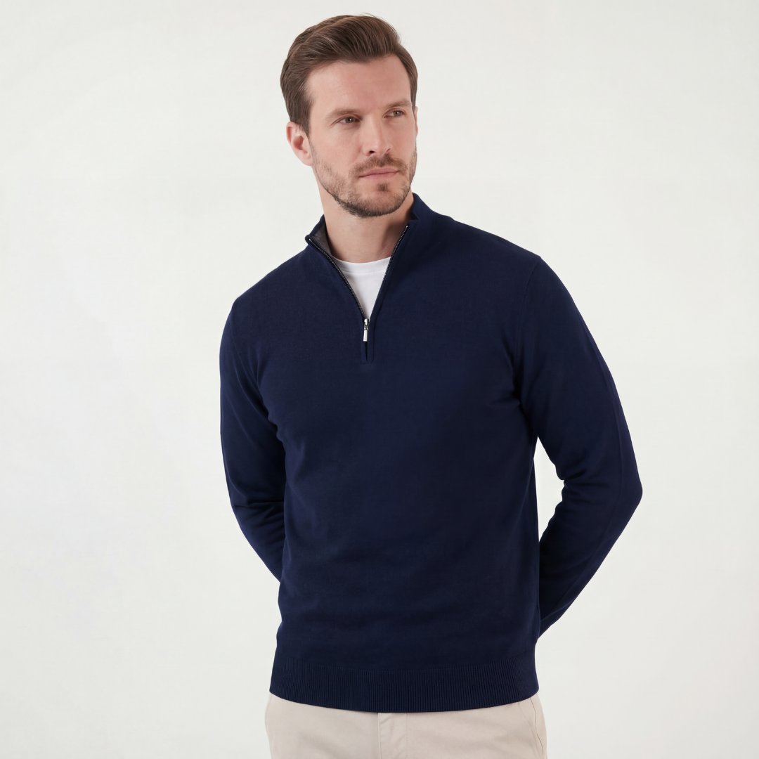 Men's Navy Half-Zip Sweater with Funnel Neck Hero