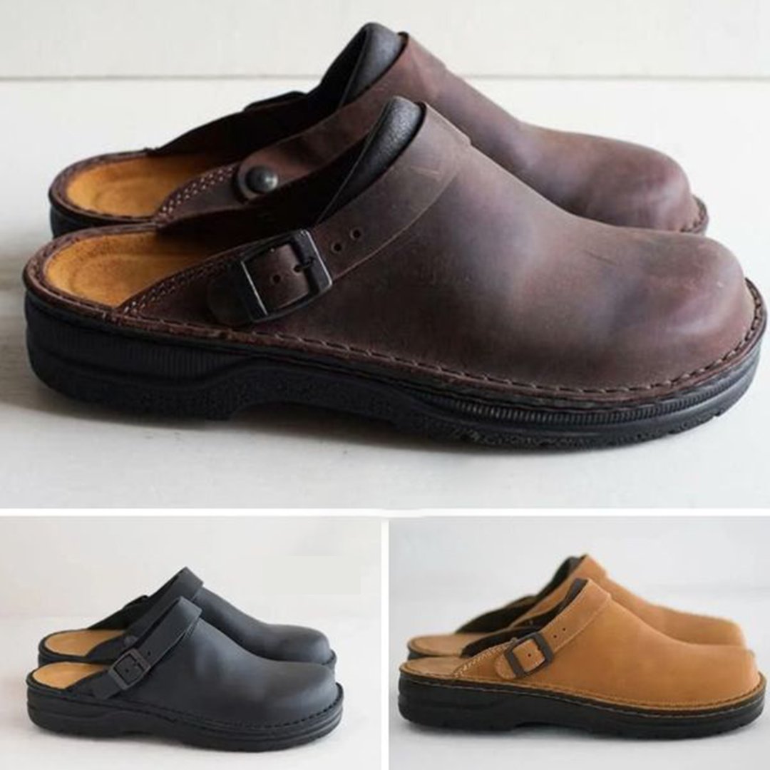 Men's Orthopedic Leather Clogs with Comfort Insole Close Up
