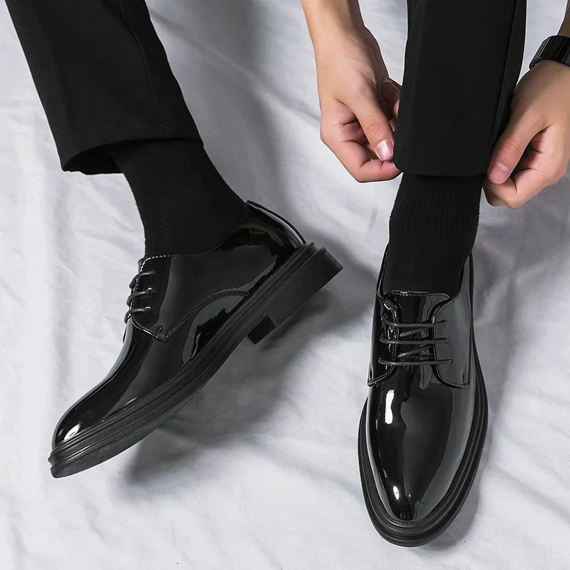 Men's Patent Derby Shoes | Formal with Polished Finish Close Up