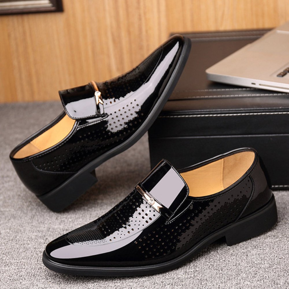 Men's Patent Leather Loafers with Metal Bar Detail Back