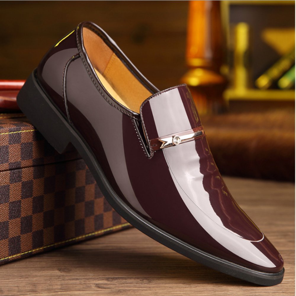 Men's Patent Leather Loafers with Metal Bar Detail Close Up
