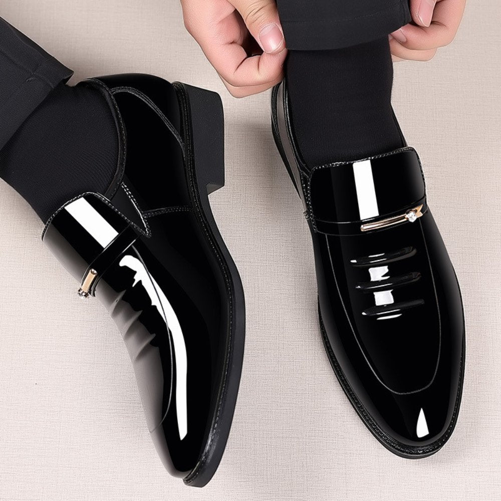 Men's Patent Leather Loafers with Metal Bar Detail Front