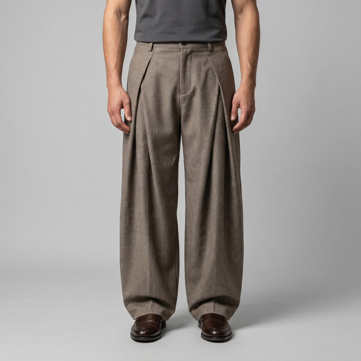 Men's Pleated Wide-Leg Tailored Trousers with Draped Fit Back