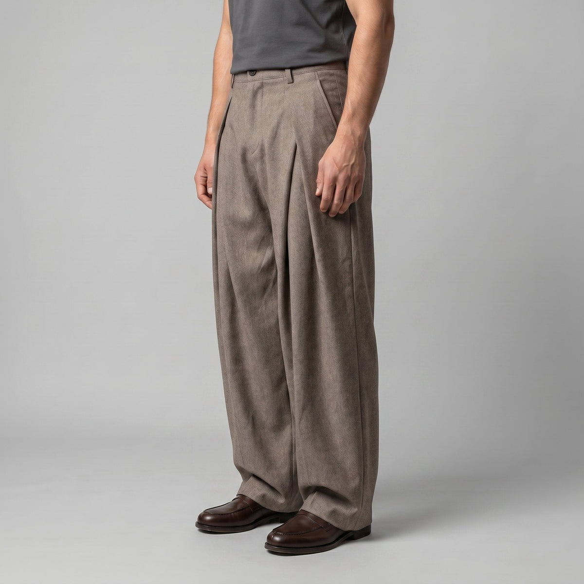 Men's Pleated Wide-Leg Tailored Trousers with Draped Fit Close Up