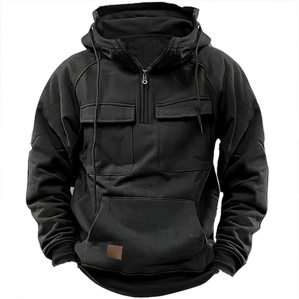 Men's Retro Motorcycle Hoodie with Multiple Pockets Back