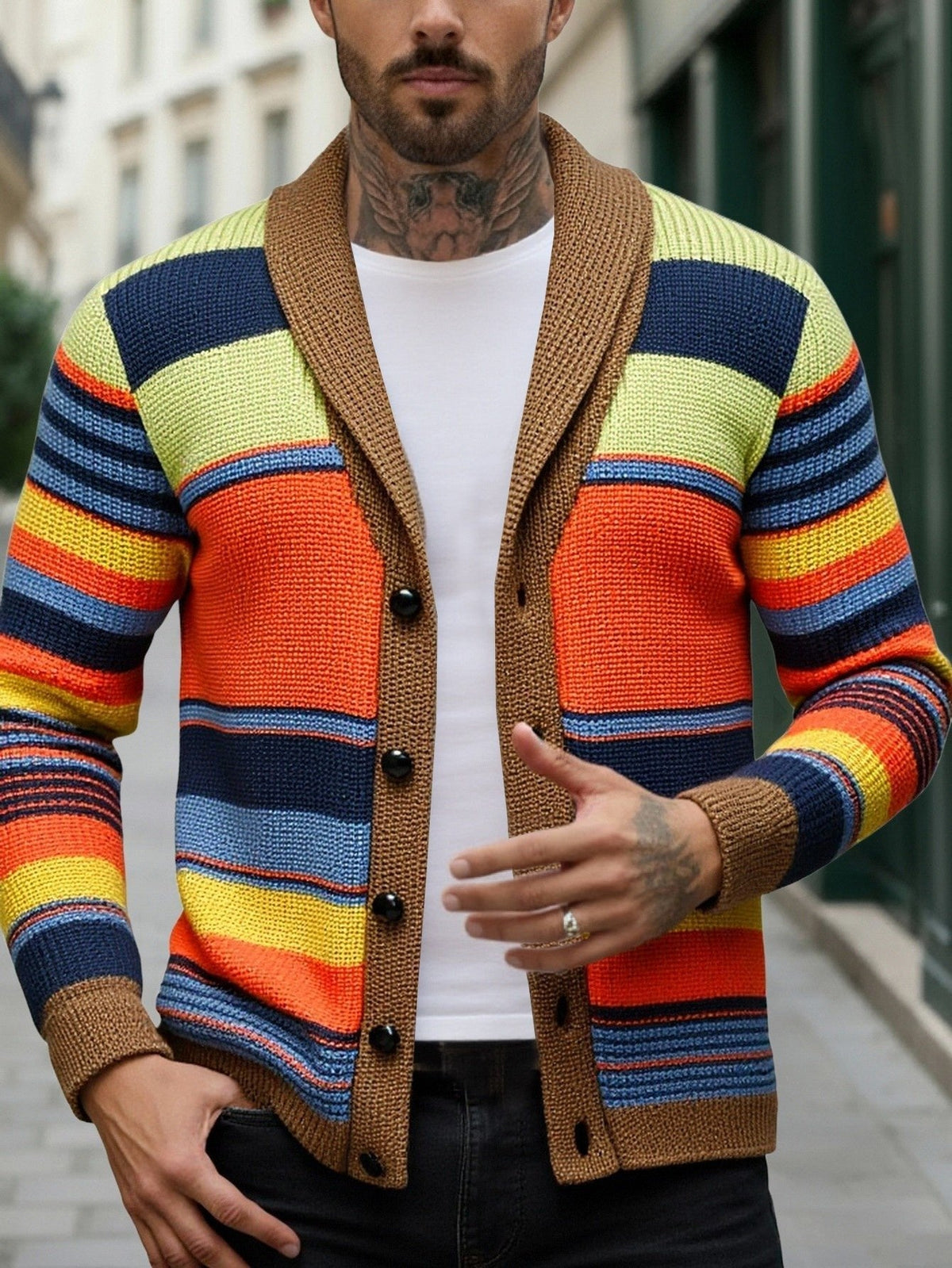 Men's Shawl Collar Striped Cardigan Back