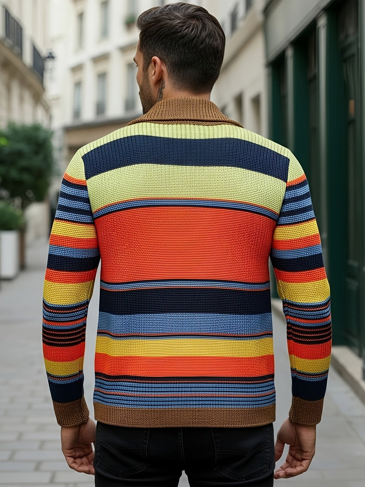 Men's Shawl Collar Striped Cardigan Close Up