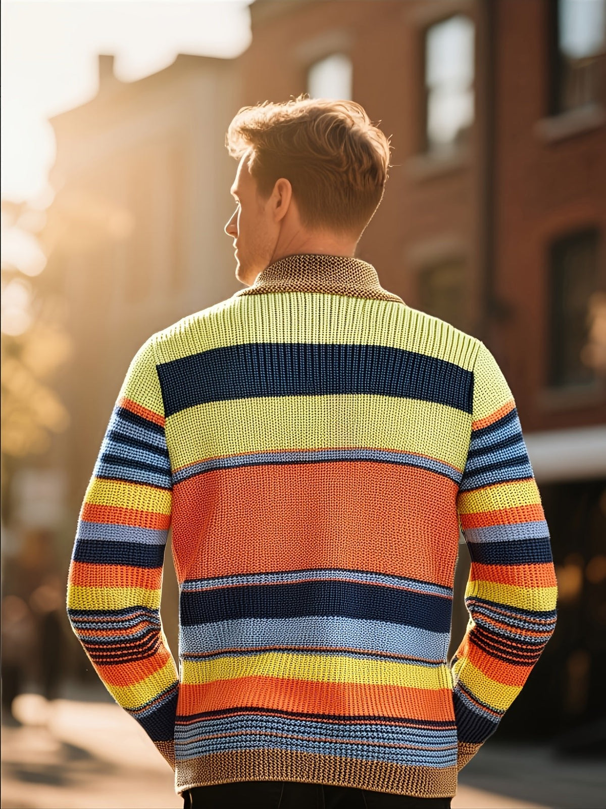 Men's Shawl Collar Striped Cardigan Front