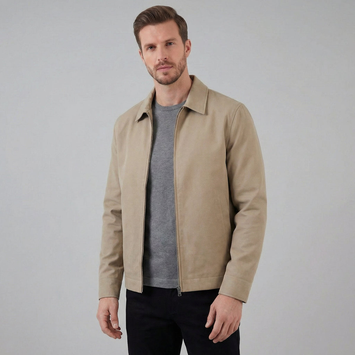 Men's Slim Fit Classic Collar Mid-Season Jacket Close Up