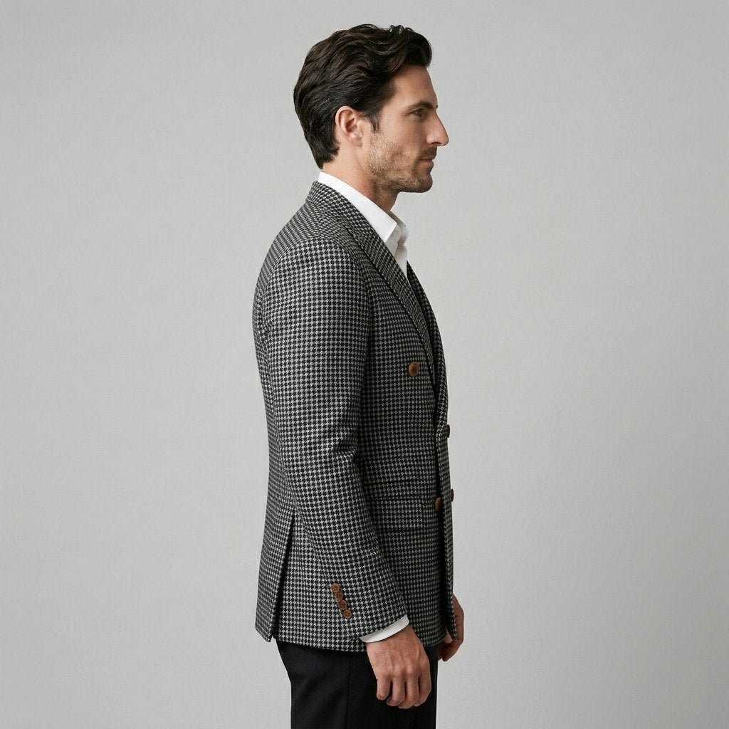 Men's Slim Fit Double-Breasted Blazer with Check Pattern Angle