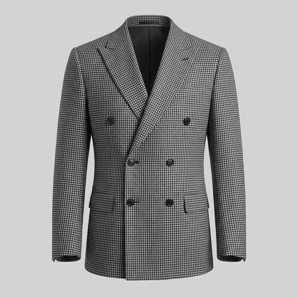 Men's Slim Fit Double-Breasted Blazer with Check Pattern Close Up