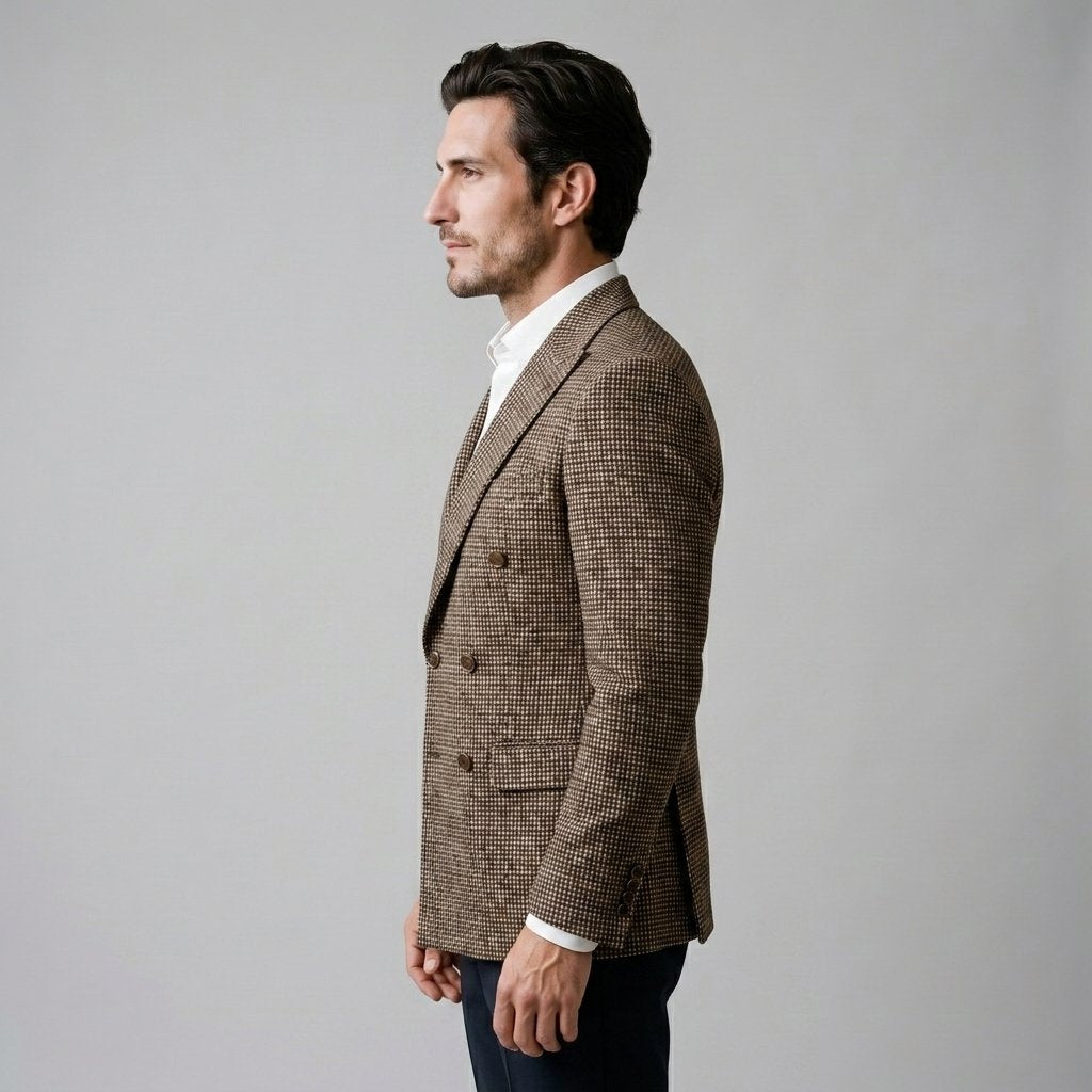 Men's Slim Fit Double-Breasted Blazer with Check Pattern Detail