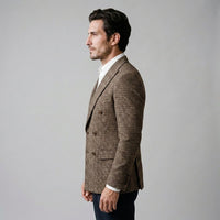 Men's Slim Fit Double-Breasted Blazer with Check Pattern Detail