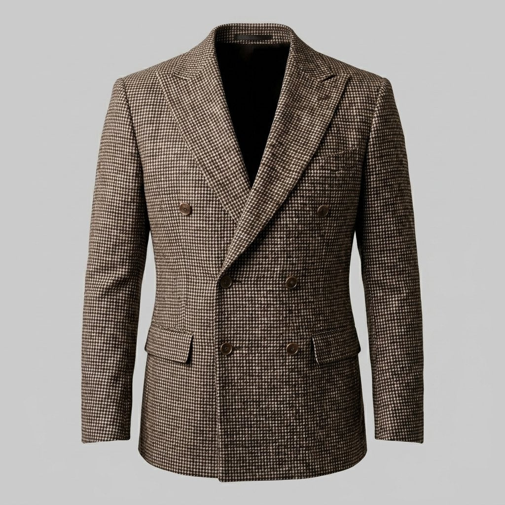 Men's Slim Fit Double-Breasted Blazer with Check Pattern Front
