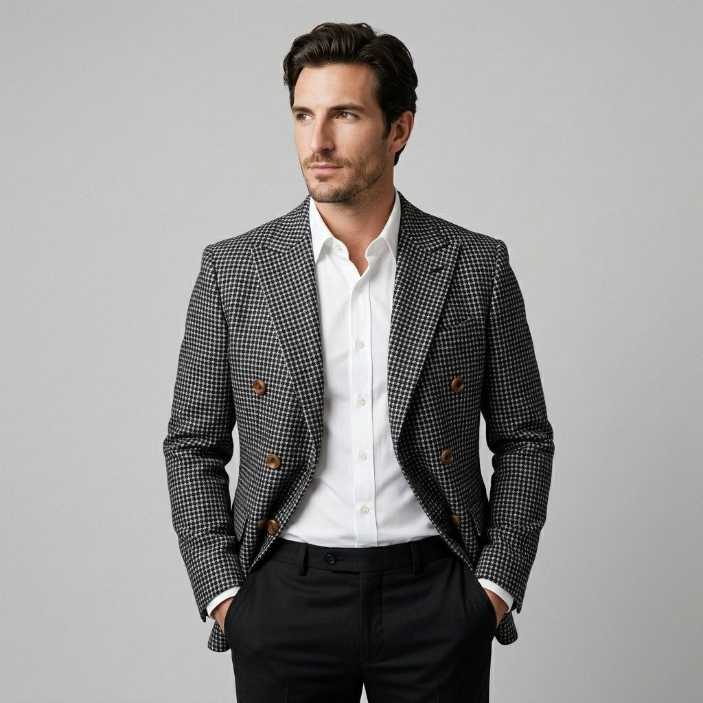 Men's Slim Fit Double-Breasted Blazer with Check Pattern Lifestyle