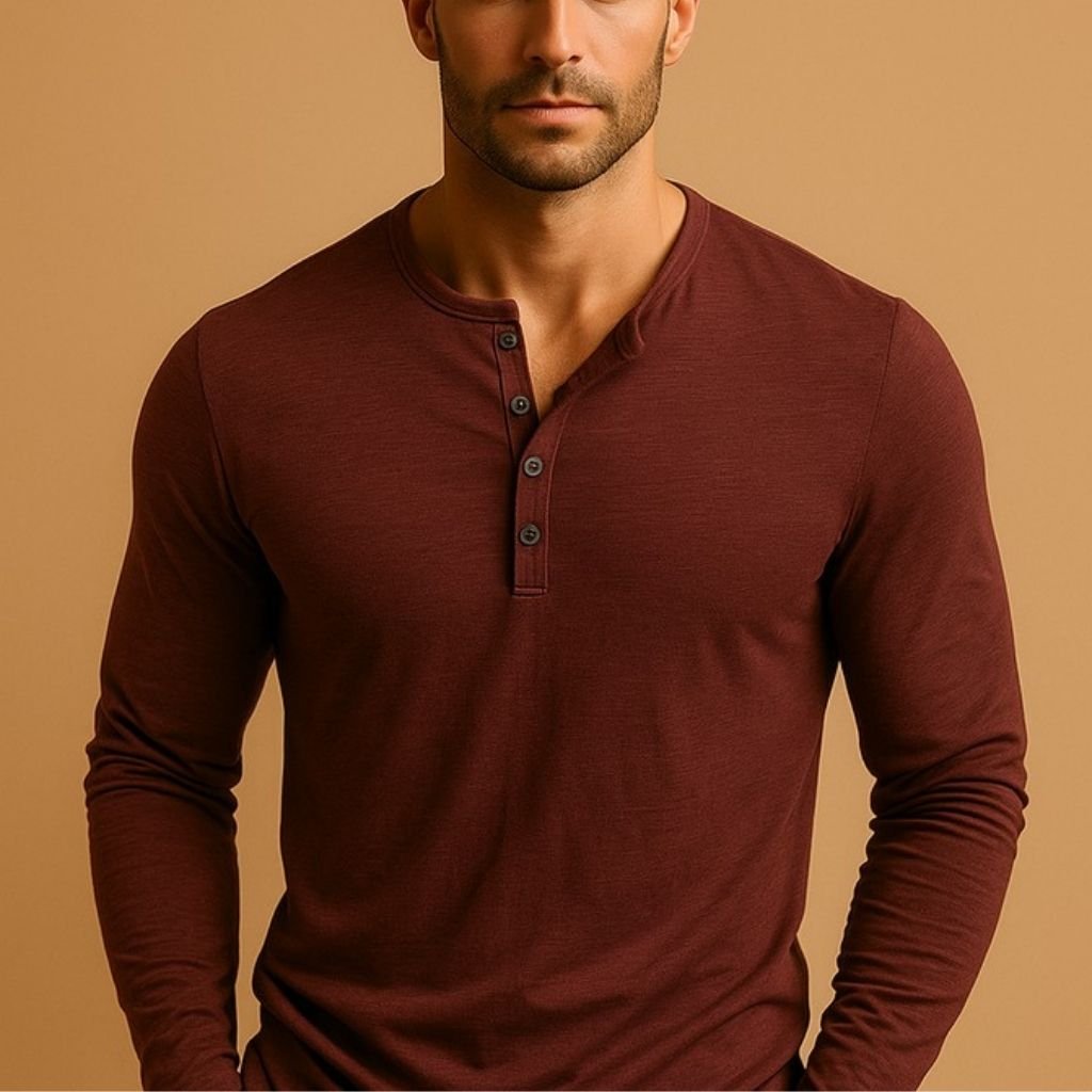 Men's Slim Fit Henley Long Sleeve Shirt Close Up