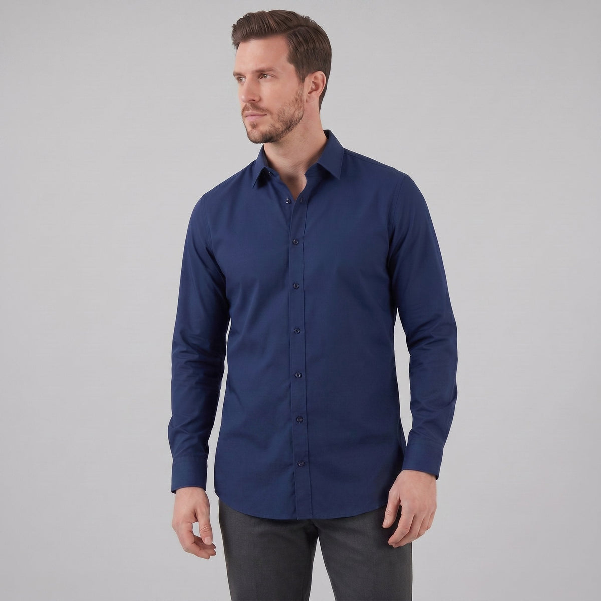 Men's Slim Fit Long-Sleeve Dress Shirt with Point Collar View 12