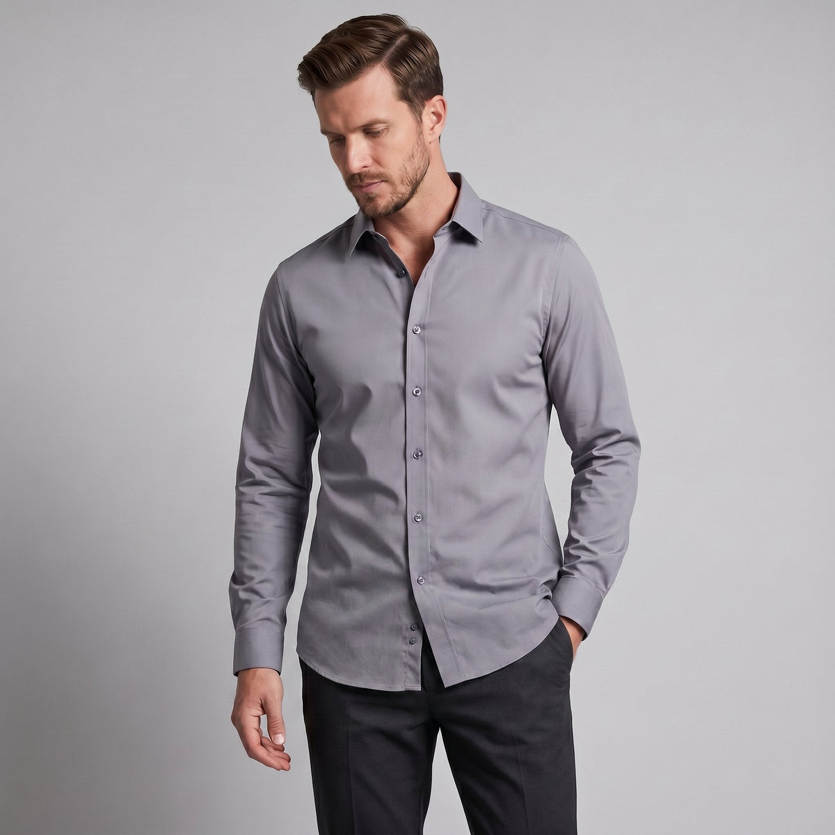Men's Slim Fit Long-Sleeve Dress Shirt with Point Collar View 37