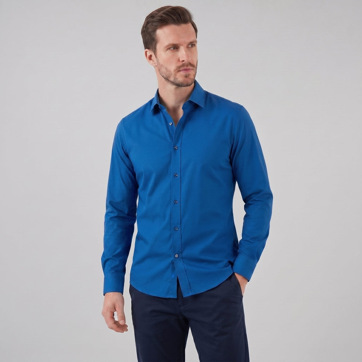Men's Slim Fit Long-Sleeve Dress Shirt with Point Collar View 42