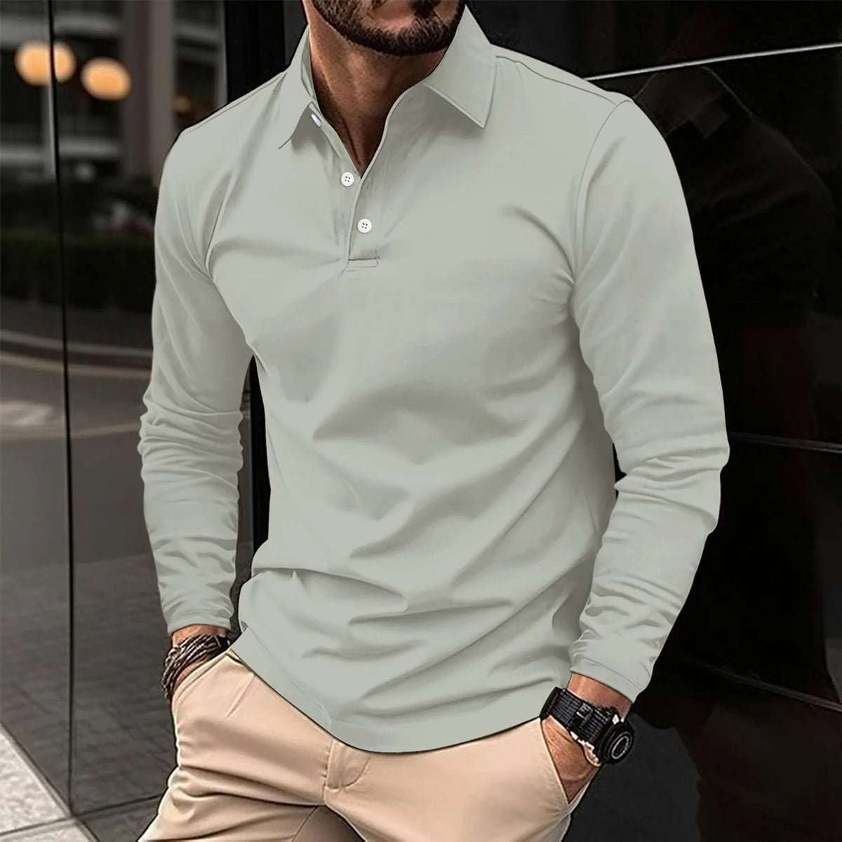 Men's Smart Long Sleeve Polo Shirt with Placket-Free Collar Close Up