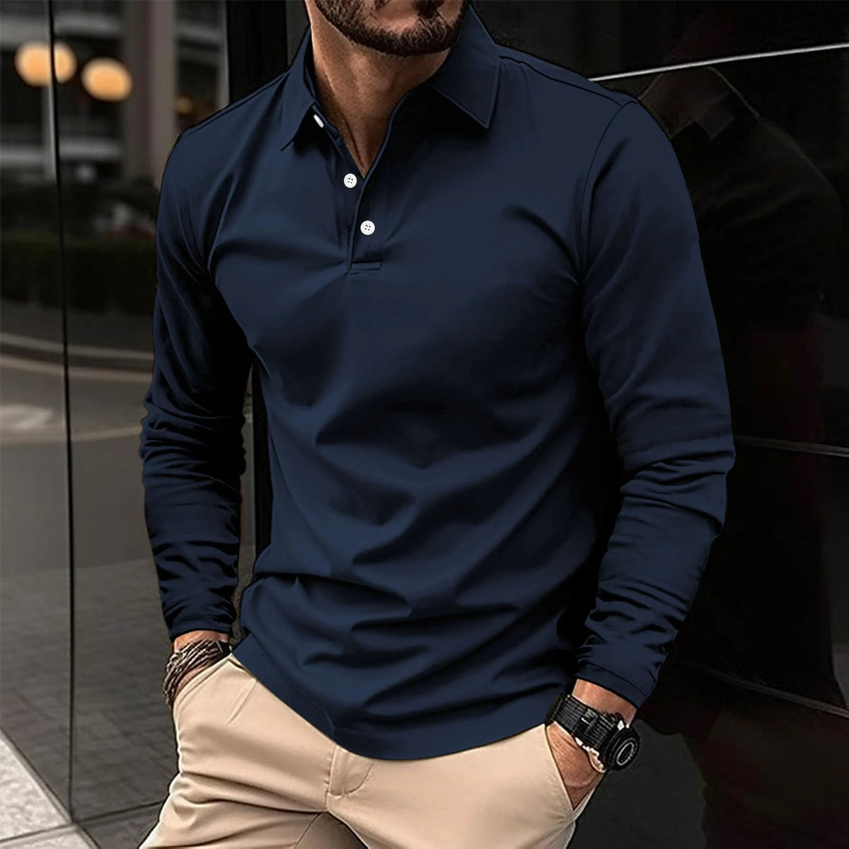 Men's Smart Long Sleeve Polo Shirt with Placket-Free Collar Detail