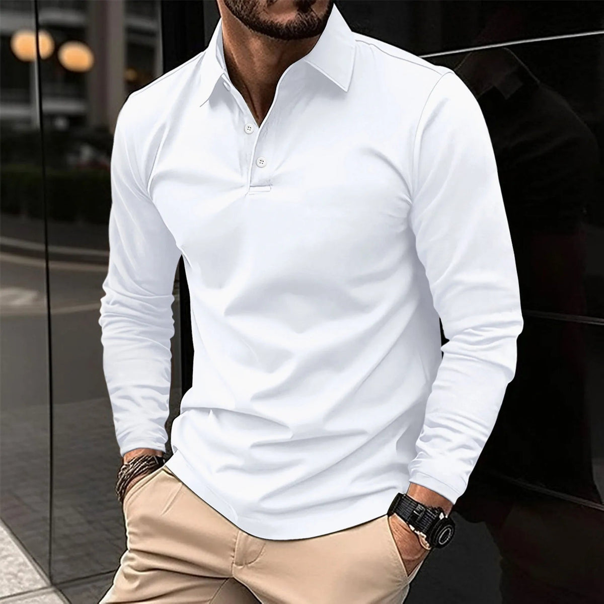 Men's Smart Long Sleeve Polo Shirt with Placket-Free Collar Front