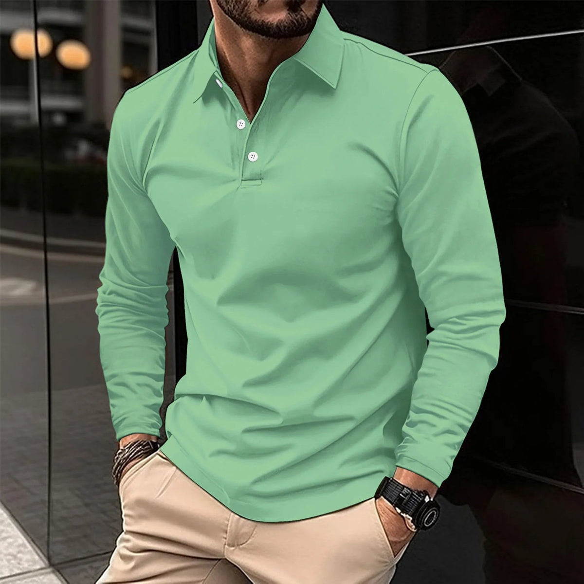 Men's Smart Long Sleeve Polo Shirt with Placket-Free Collar Full