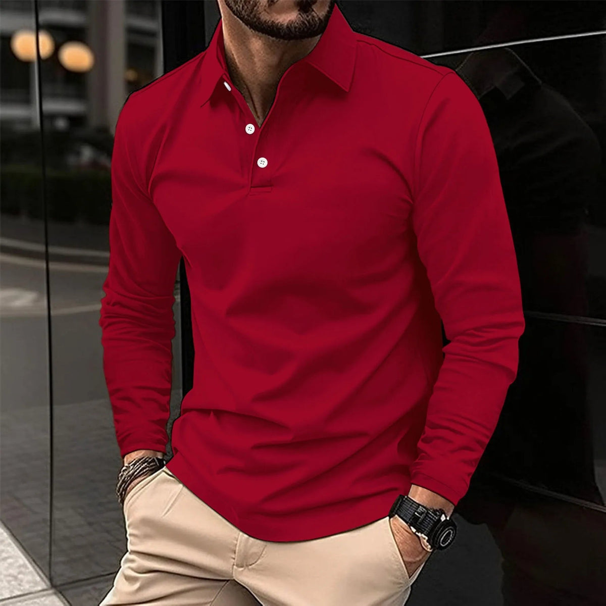 Men's Smart Long Sleeve Polo Shirt with Placket-Free Collar Lifestyle