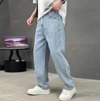 Men's Straight Leg Denim Pants with Wide Leg Cut Front