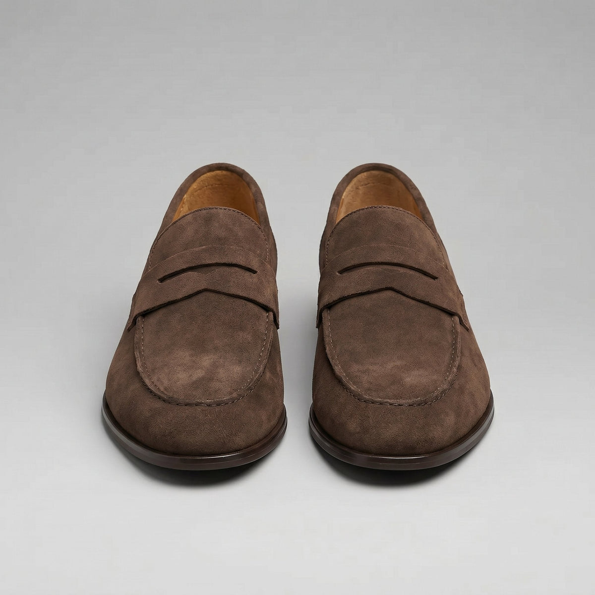 Men's Suede Penny Loafers with Moccasin Seam Detail Close Up
