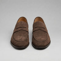 Men's Suede Penny Loafers with Moccasin Seam Detail Close Up