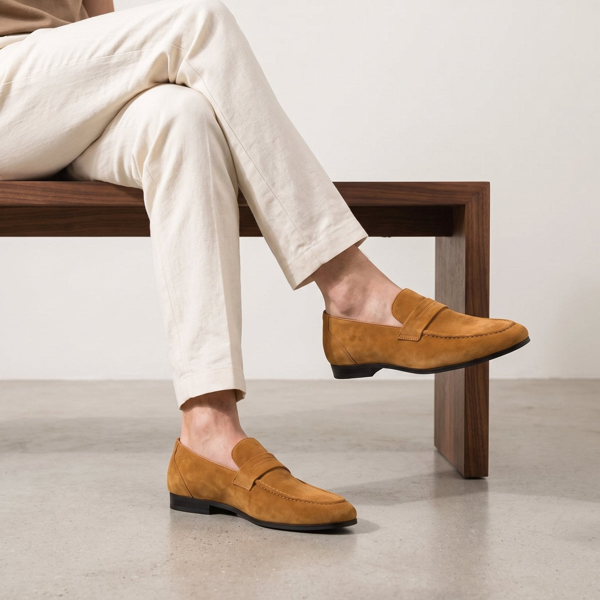 Men's Suede Penny Loafers with Moccasin Seam Detail Full