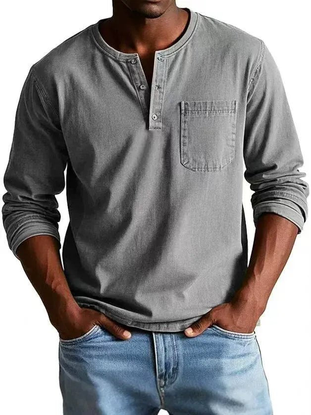 Men's Vintage Henley Shirt with Washed Finish Angle