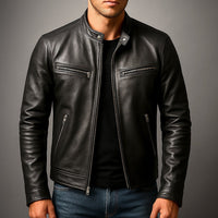 Men's Vintage Leather Jacket with Racer Collar Close Up