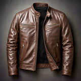 Men's Vintage Leather Jacket with Racer Collar