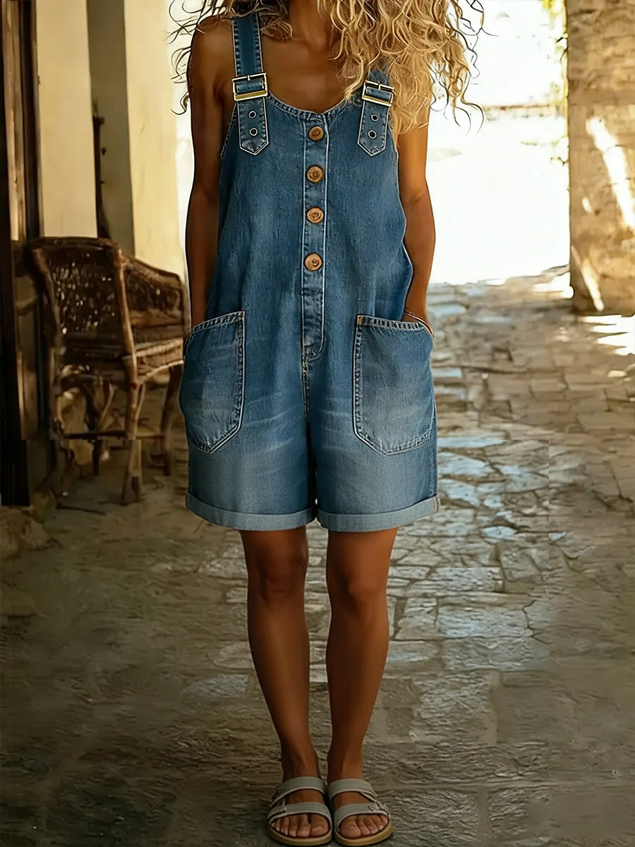 Women's Denim Dungarees with Short Leg and Side Pockets