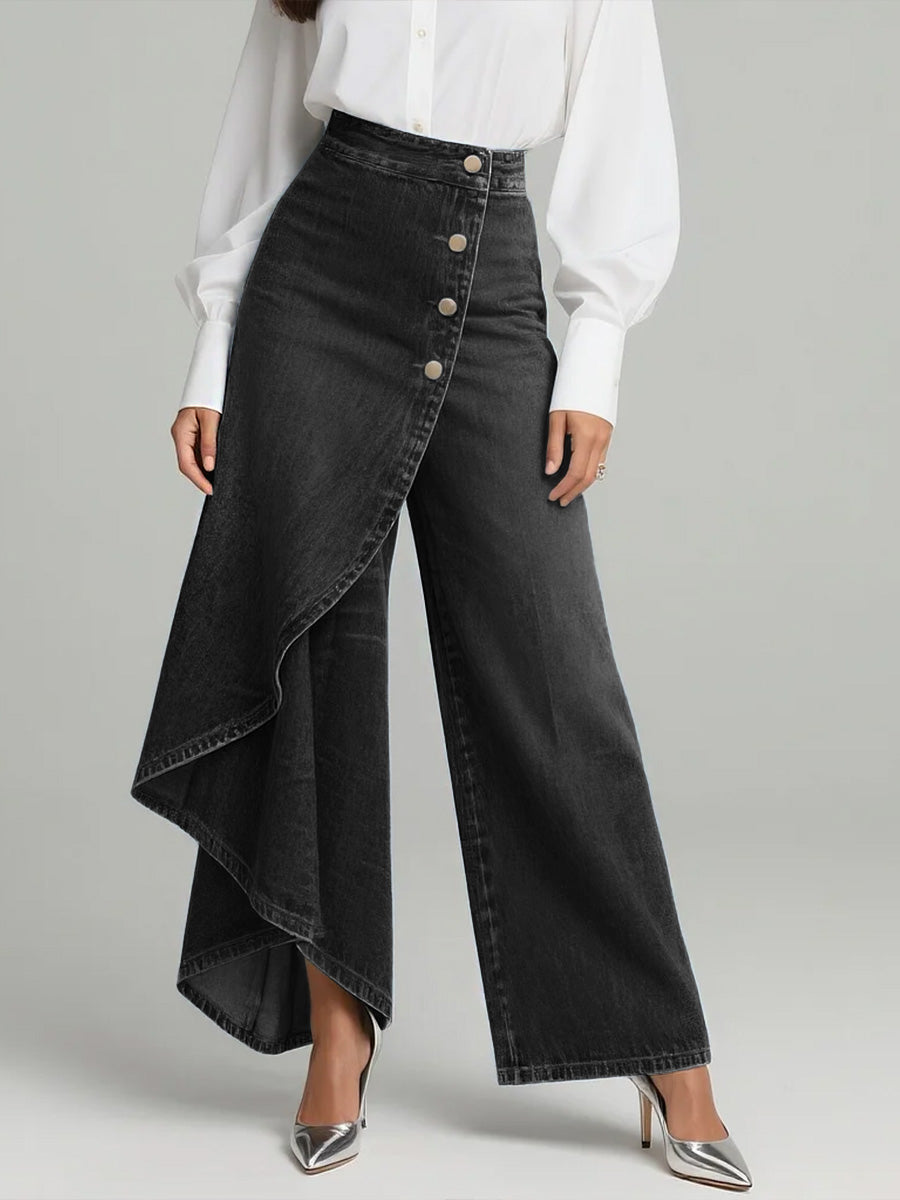 Women's Wide Leg Denim Trousers with High Waist and Ruffle Hem