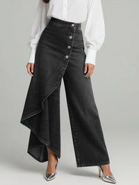 Women's Wide Leg Denim Trousers with High Waist and Ruffle Hem