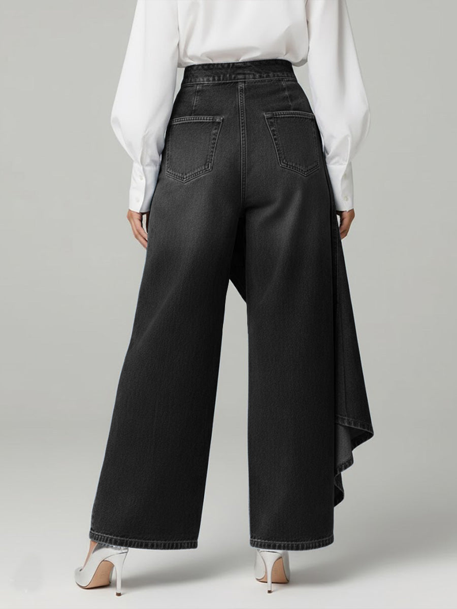 Women's Wide Leg Denim Trousers with High Waist and Ruffle Hem