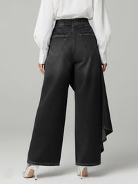Women's Wide Leg Denim Trousers with High Waist and Ruffle Hem