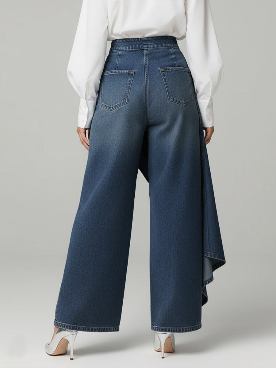 Women's Wide Leg Denim Trousers with High Waist and Ruffle Hem